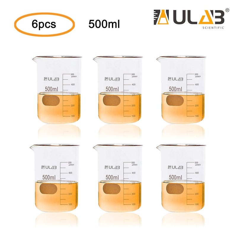 ULAB Scientific Glass Beakers, Vol. 500ml, 3.3 Borosilicate Griffin Low Form with Printed Graduation, Pack of 6, UBG1038 - Image 5
